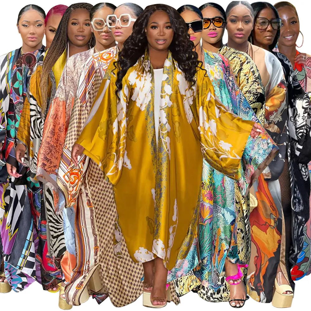 Women's Western Style Printed Kimono Trench Coat Casual Loose Long Sleeve Satin Robe Cover-Up Bohemian Beach Outerwear Top
