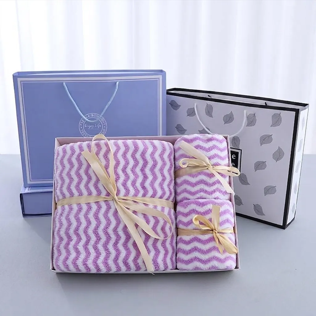 Soft Coral Fleece Towel Gift Set Striped Water Ripple Absorbent Bath Face Towels Wedding Anniversary Party Favors Guests