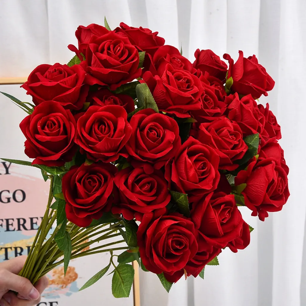Artificial Velvet Rose Flower Long Stem Simulated Rose Wedding Party Home Decor Faux Floral Arrangement Valentine Gift