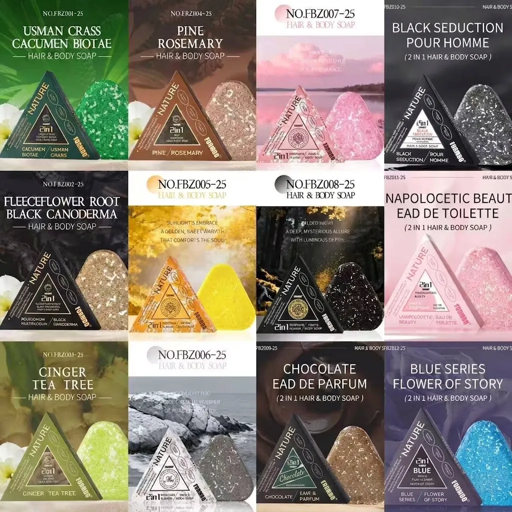FORMBO Jabón Triangular de Hierbas 2 en 1 para Cabello y Cuerpo Control de Aceite Hierba Usman Champú Sólido Extracto de Planta Natural