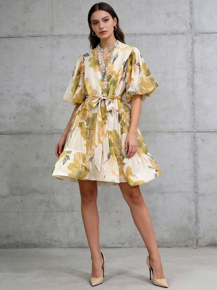 Elegante Vestido Mini con Estampado Floral Cuello en V Manga Linterna con Cuentas Mujer Lazo en Cintura Línea A Fiesta