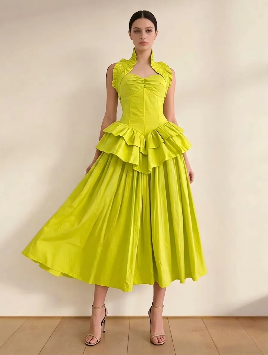 Women Halter Neck Polyester Tiered Maxi Dress Elegant Pleated Corset Fishbone Splicing Solid Color Long Dress