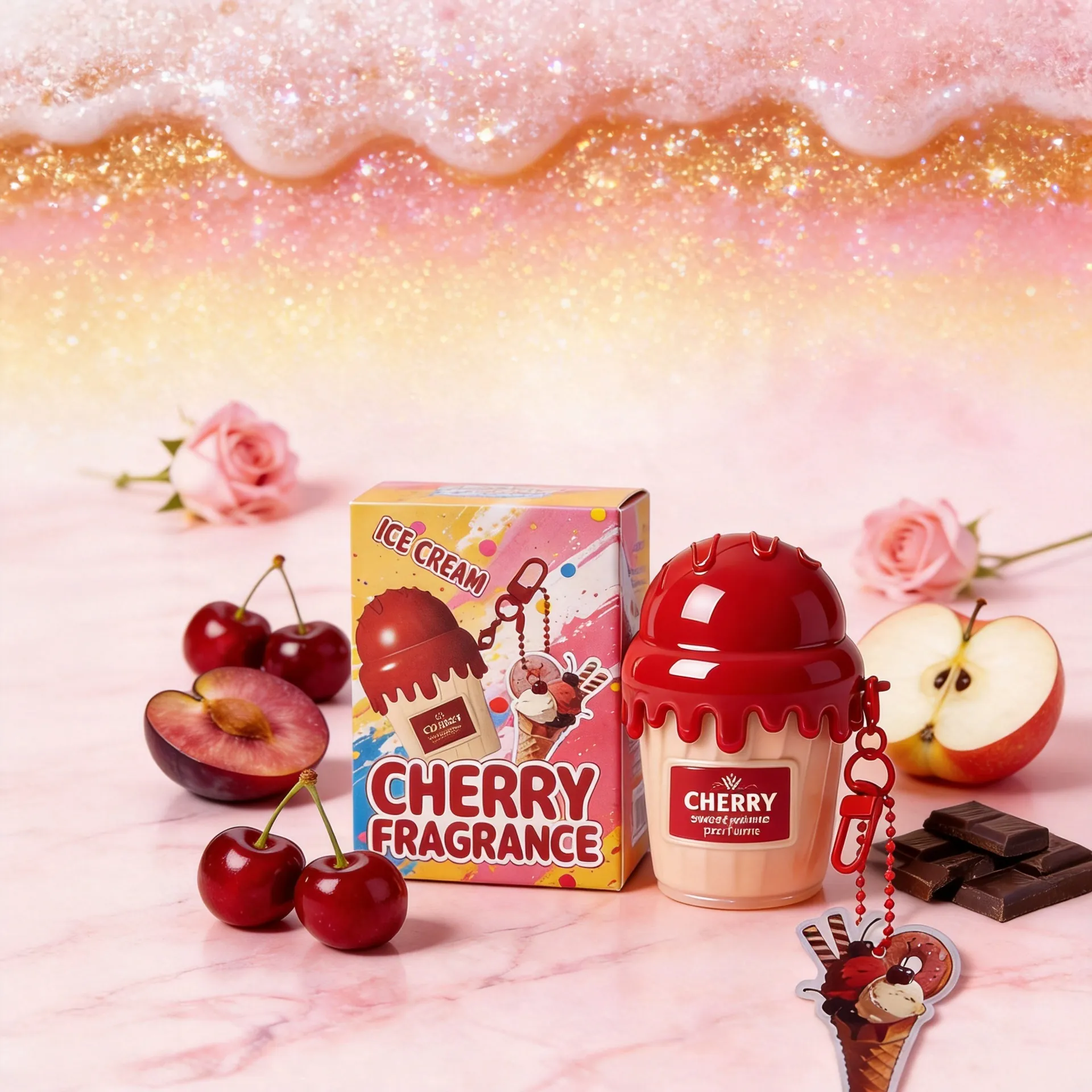 Damen Gourmet Parfüm Körperspray Eisbecher Form Langanhaltender Süßer Duftnebel Mit Süßem Cartoon Anhänger IC501-IC504