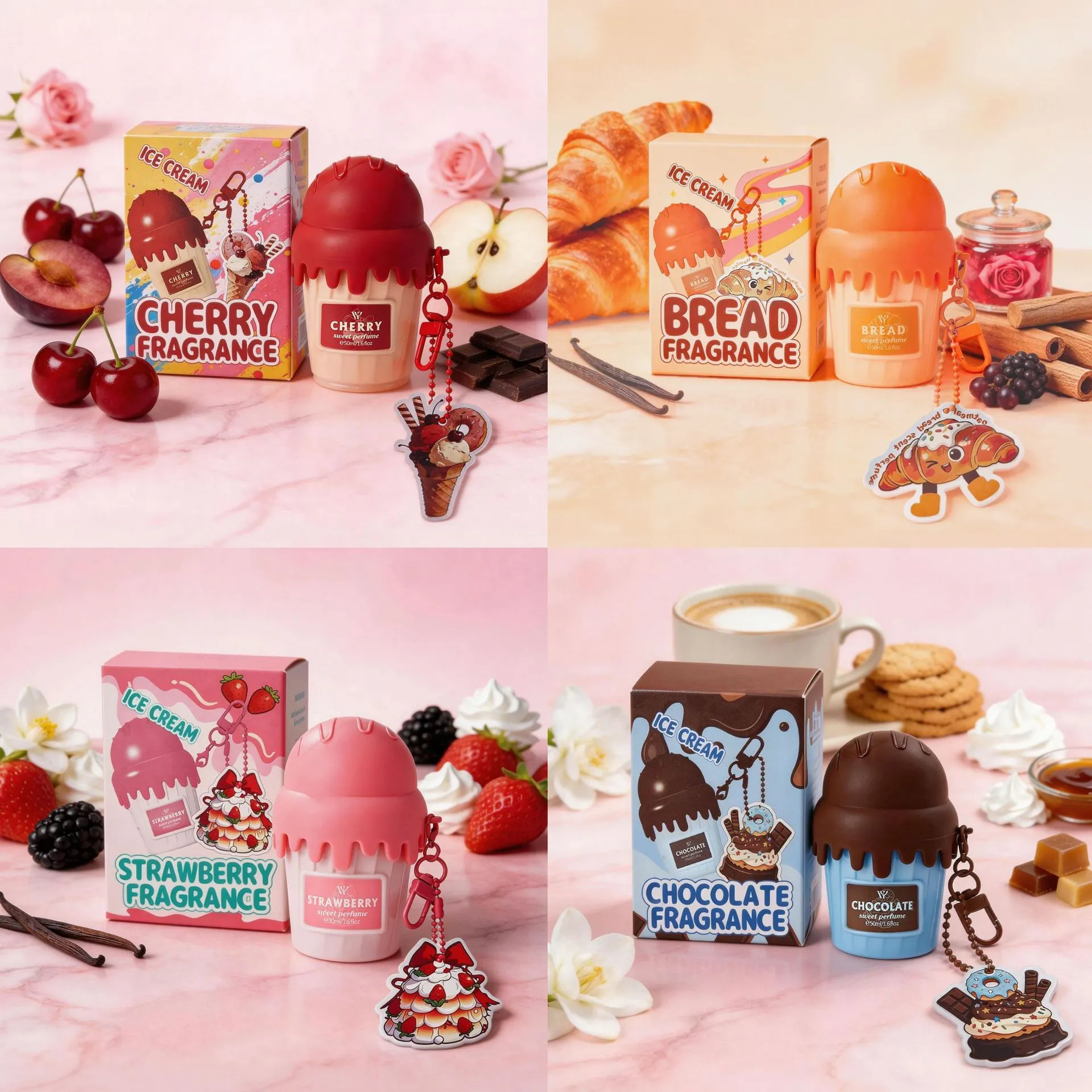 Ice Cream Cupcake Shaped Women Perfume Body Spray Gourmand Long Lasting Fragrance With Decorative Keychain Sweet Scent