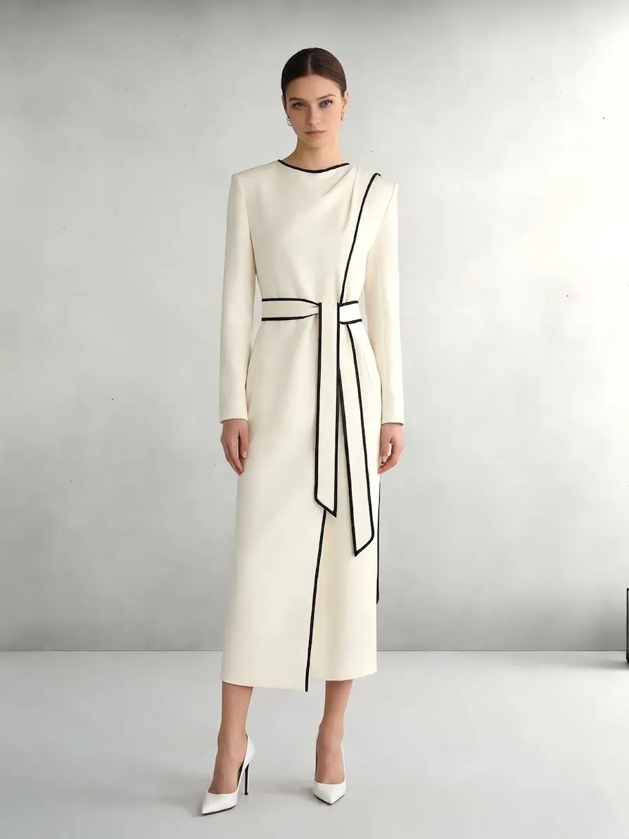 Vestido Midi Estilo Francés con Dobladillo Irregular Elegante Manga Larga Patchwork Lazo Cintura Color Sólido Poliéster Mujer
