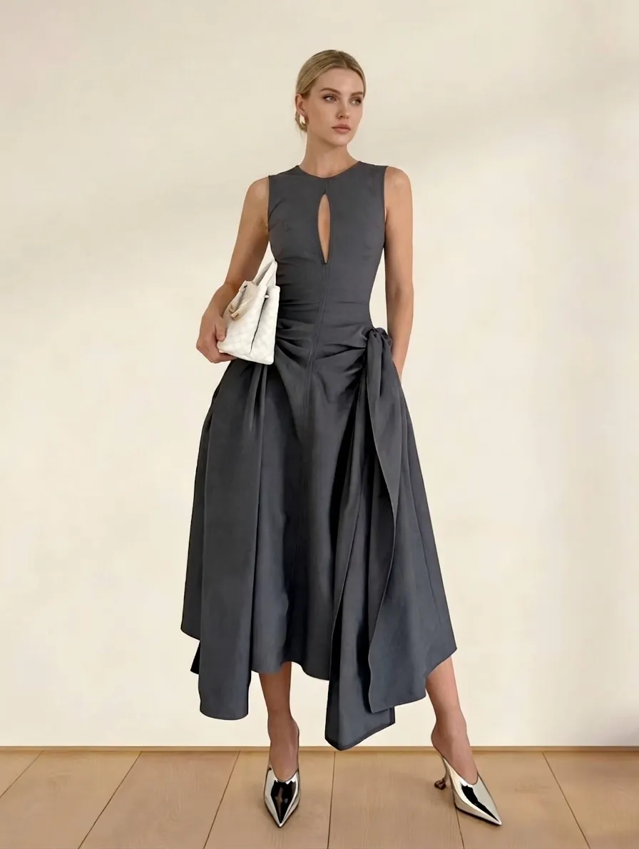 Women Elegant Cutout Pleated Sleeveless Midi Dress Solid Color Irregular Large Swing Slim Fit Long Dress Fashion Party Gown