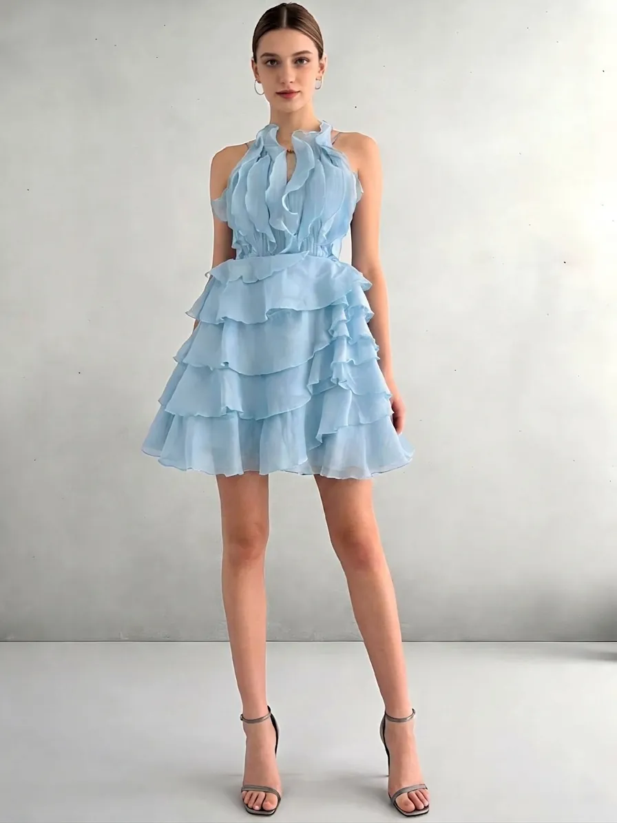 Mini Robe Dos Nu en Mousseline à Volants et Étages pour Femmes Taille Haute Ligne A Élégante Sexy Robe à Gâteau pour Fête Mariage