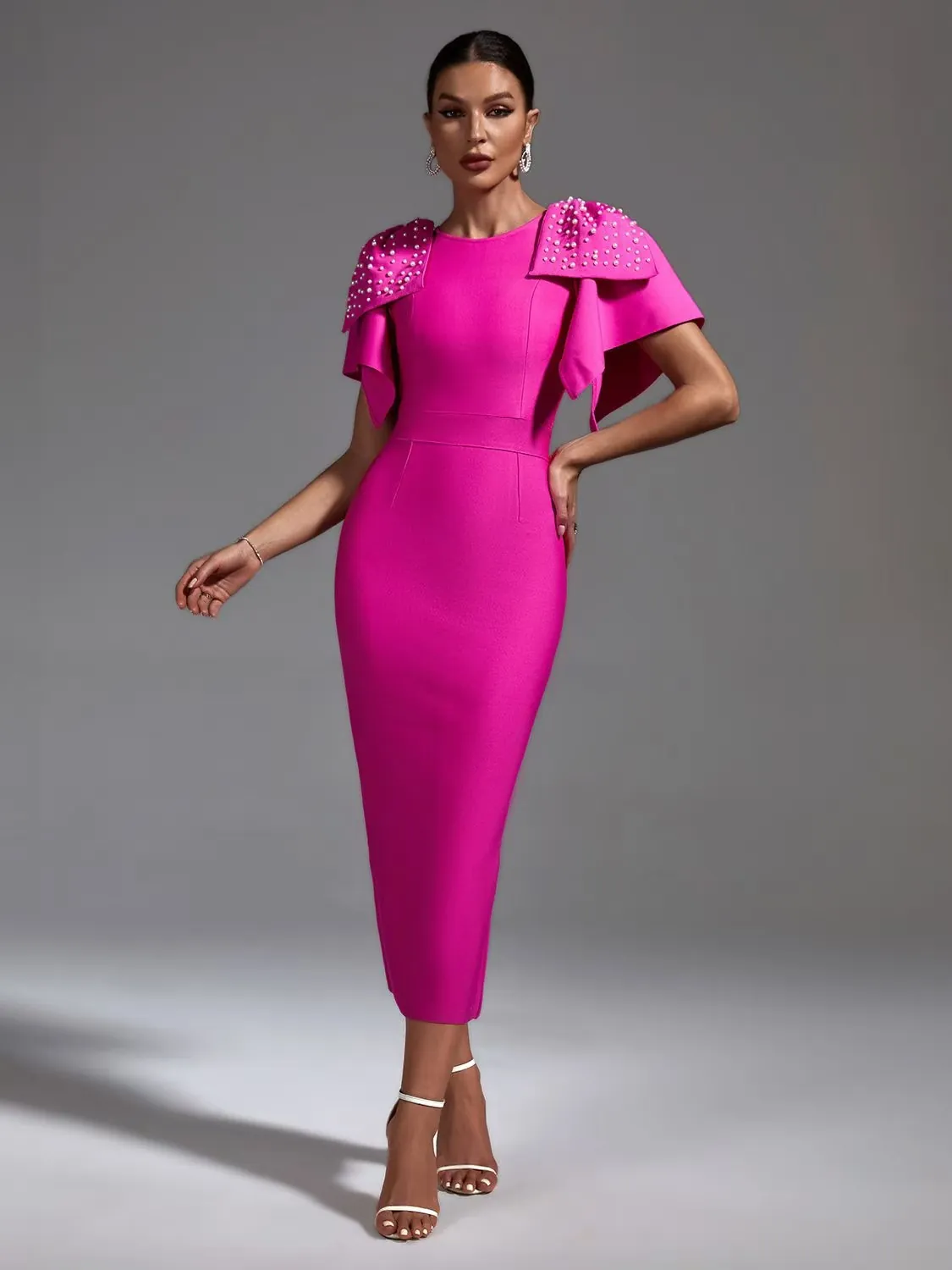 Women Celebrity Bow Artificial Pearl Bandage Dress Sexy Bodycon Evening Party Midi Dress Solid Color Polyester Elegant Dress