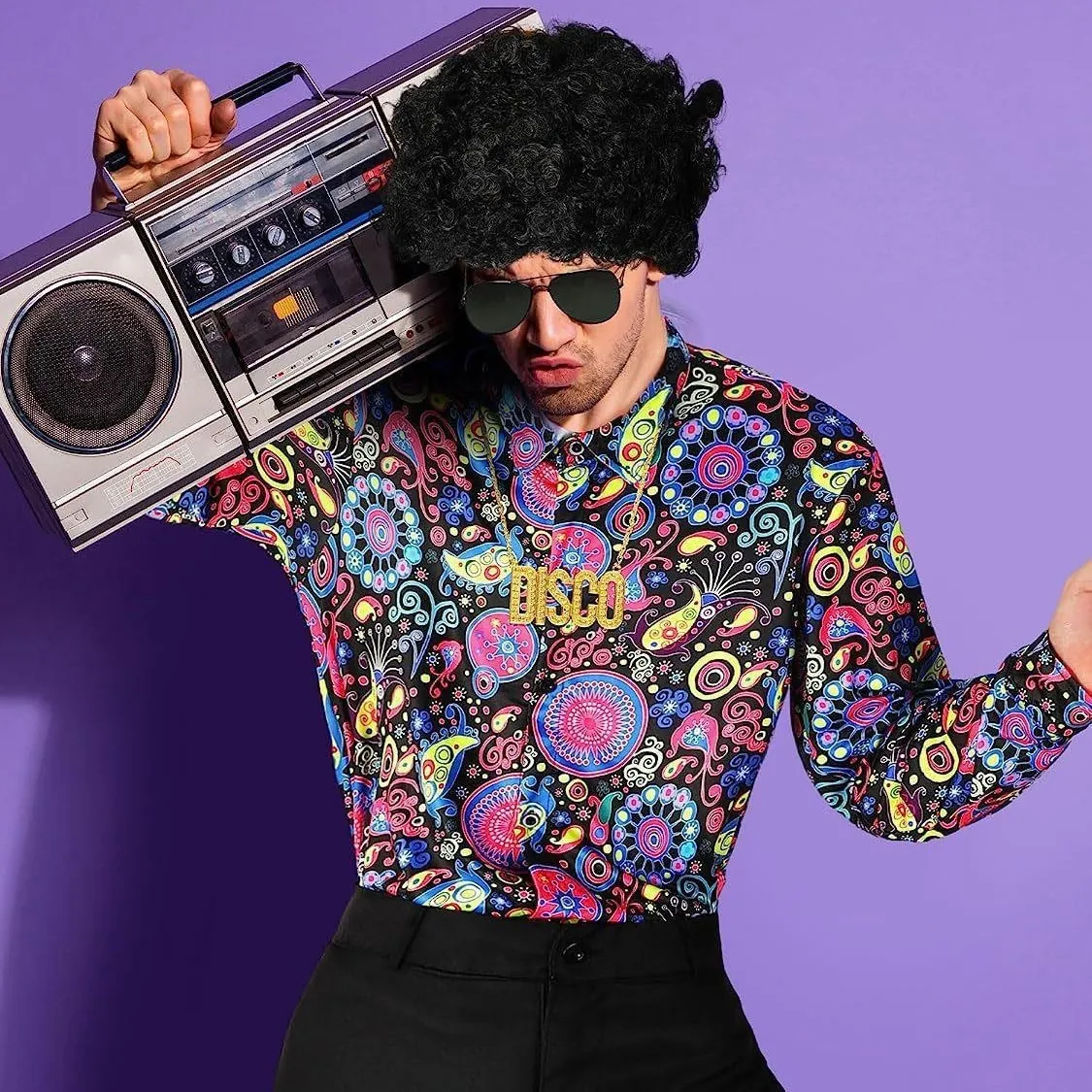 Disfraz de Disco Retro Unisex Camisa de Manga Larga con Estampado Floral y Pantalones de Campana con Lentejuelas Negras