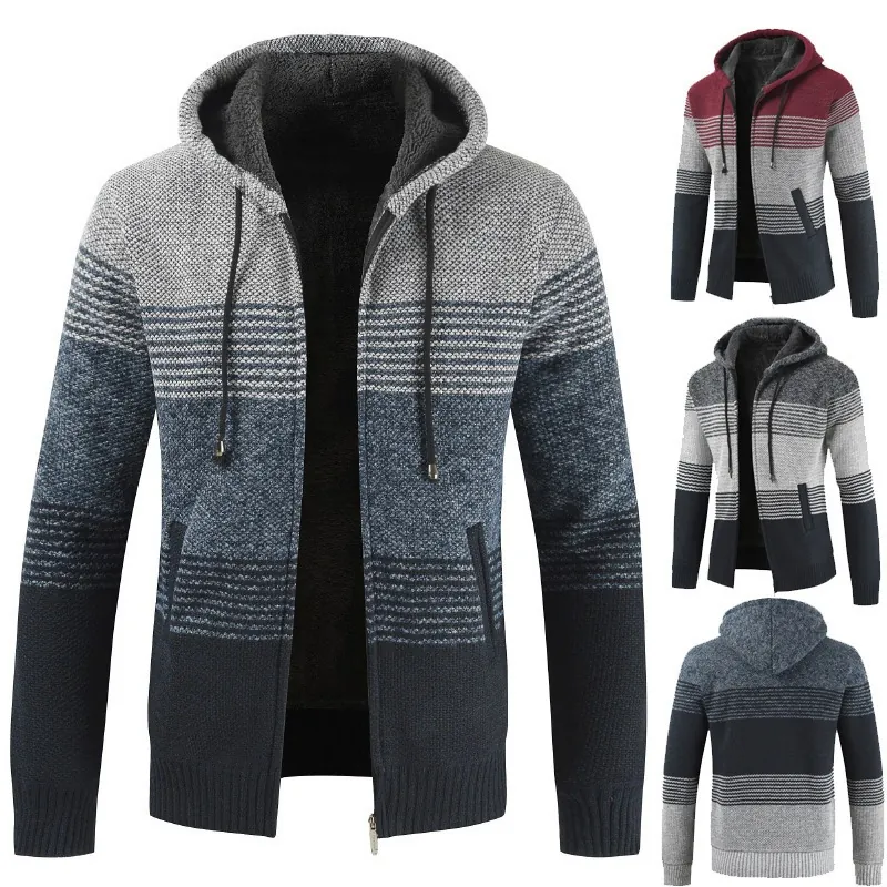 Herren Gestreifte Strickjacke mit Kapuze Fleece-Gefüttert Verdickter Reißverschluss Strickmantel Warme Oberbekleidung Winter Top