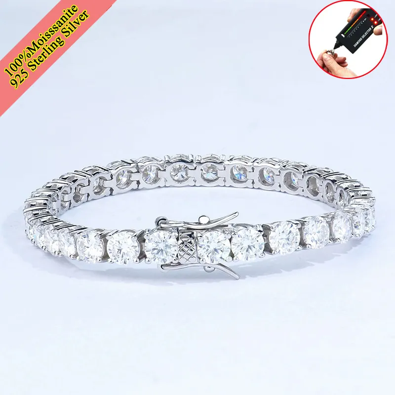 Bracelet Tennis en Argent Sterling 925 Avec Moissanite pour Hommes Femmes Couleur D VVS1 Rond Moissanite Serti 4 Griffes Luxe