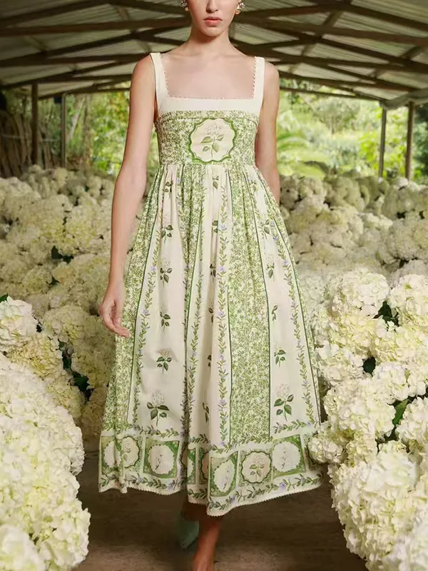 Women Mori Forest Style Floral Print Sling Dress Elegant Square Neck High Waist A-Line Cotton Blend Maxi Skirt For Vacation