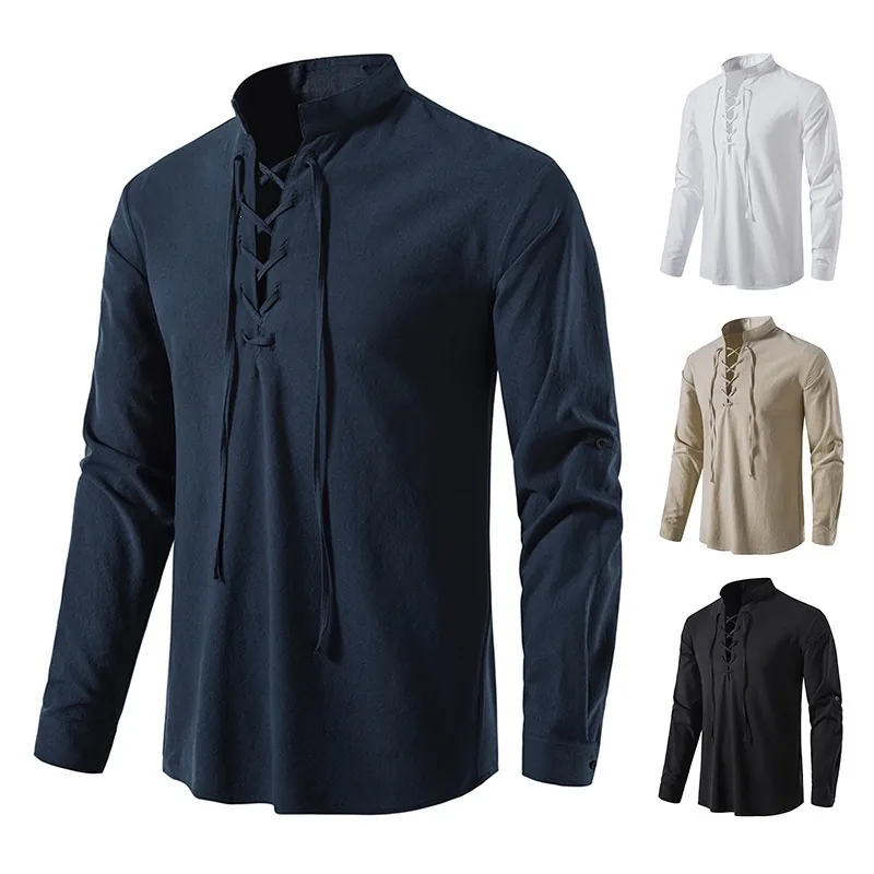 Men Henley Shirt Cotton Blend Lace-up Stand Collar Hippie Casual Beach Vacation Long Sleeve Top Regular Fit Shirt