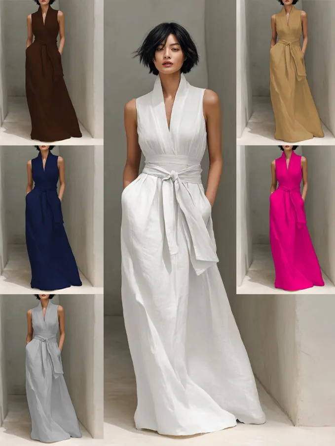 Robe Longue Élégante pour Femmes Sans Manches Col en V Couleur Unie Taille Nouée Vacances Été Polyester Spandex