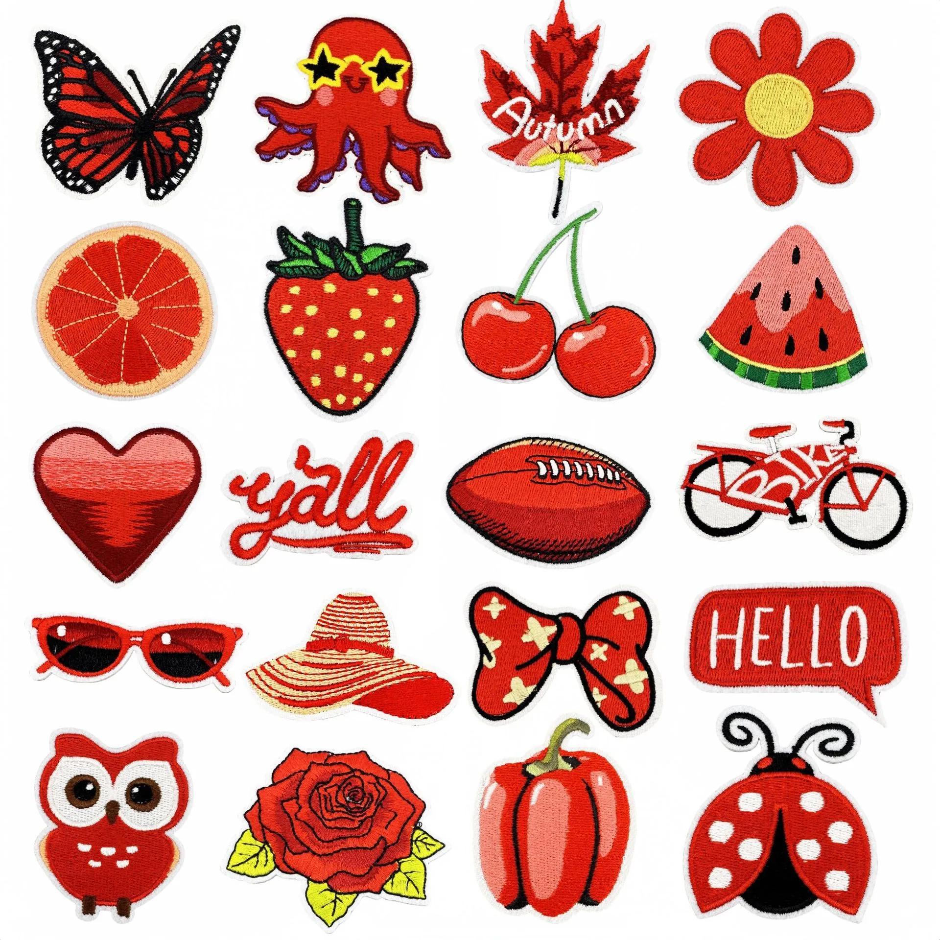 Red Series Embroidery Patches Polyester Thread Computer Embroidered Floral Animal Fruit Iron On Decorative Repair Patches For Clothing Bags DIY