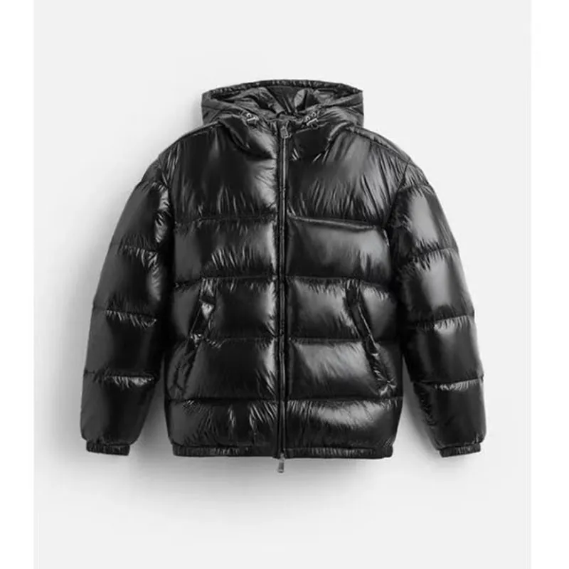 Men's Winter Puffer Jacket Glossy Hooded Thickened Warm Quilted Coat Unisex Solid Color Windproof Cold Weather Outdoor Overcoat