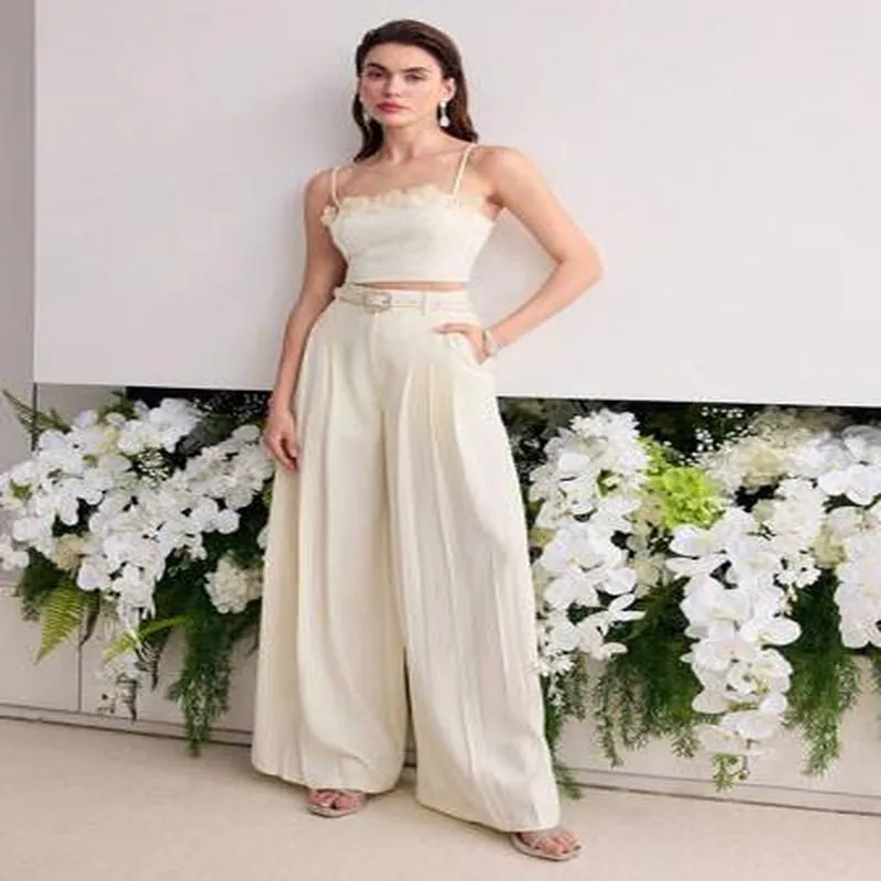Women Elegant Top And Bottom Set Cotton Sleeveless Crop Top High Waisted Wide Leg Pants Sexy White Summer Outfit For Party