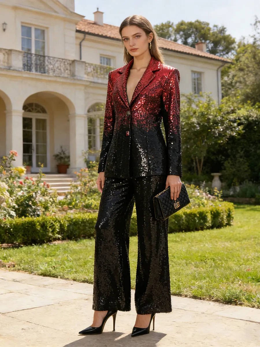 Conjunto de Traje de Dos Piezas Elegante para Mujer con Lentejuelas Degradadas Blazer de Manga Larga y Pantalones de Pierna Ancha