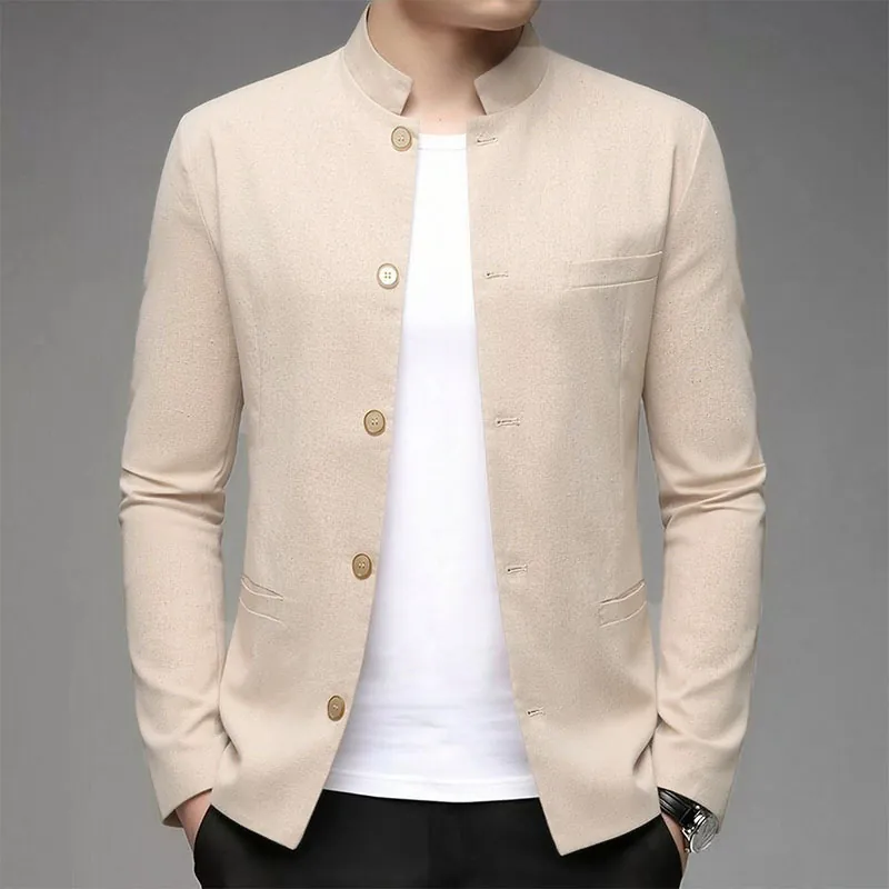 Men Modern Chinese Style Cotton Linen Blazer Jacket Slim Fit Stand Collar Zhongshan Suit Top Solid Color Casual Outerwear