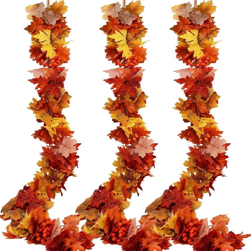 Guirnalda de Hojas de Arce Artificiales de Otoño Enredadera Colgante Decoración para Acción de Gracias Navidad Hogar Interior Exterior Chimenea
