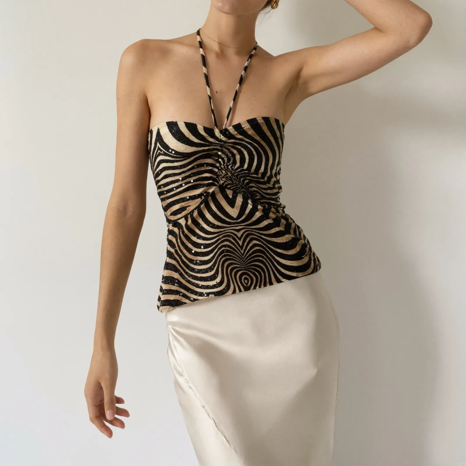 Women Zebra Print Sequin Halter Top Sexy Backless Ruched Sleeveless Vest Hot Girl Summer Fashion Streetwear Top