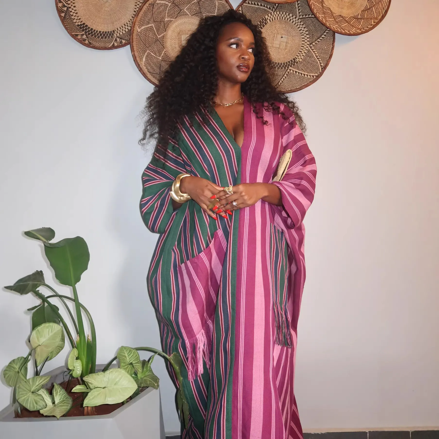 Women's African Plus Size Kaftan Maxi Dress V Neck Contrast Stripe Loose Fit Bohemian Seven-Quarter Sleeve Casual Dress