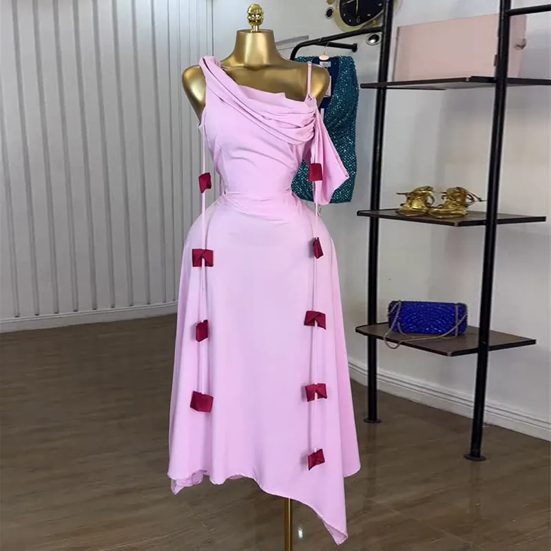 Women Elegant Polyester Asymmetric One Shoulder Midi Dress High Waist Slimming Pink Ivory White Dress Evening Party Cocktail