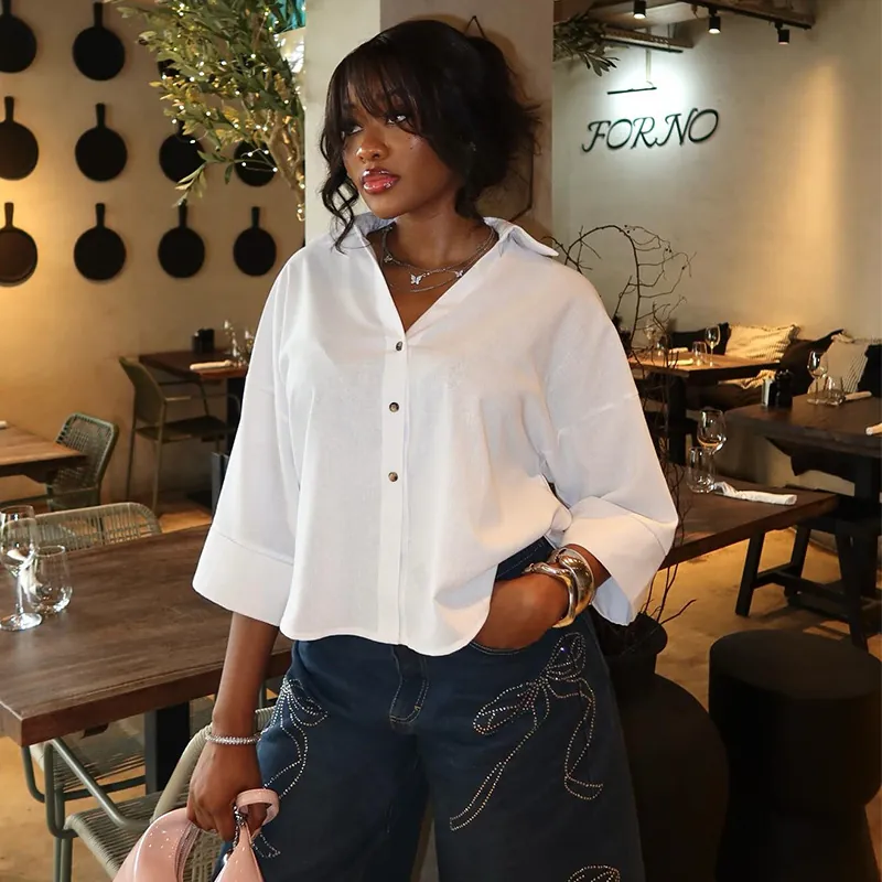 Damen Sommer Casual Polyester Hemd Oversized Reverskragen Gestreifte Bluse Kurzarm Knöpfe Top Elegante Lady Streetwear