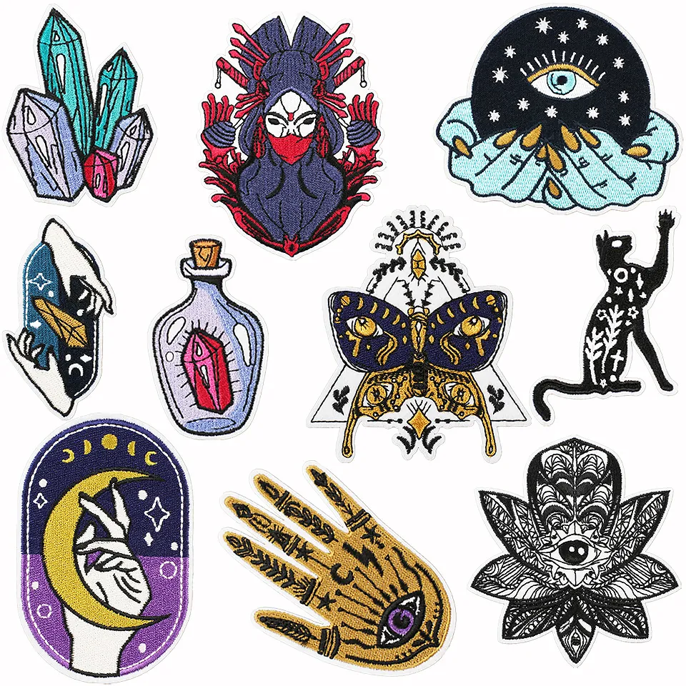 Mystic Witch Embroidery Patch Polyester Fabric Iron On Sew On Badge Gothic Evil Eye Butterfly Black Cat Patch For DIY Clothing Backpack Decor