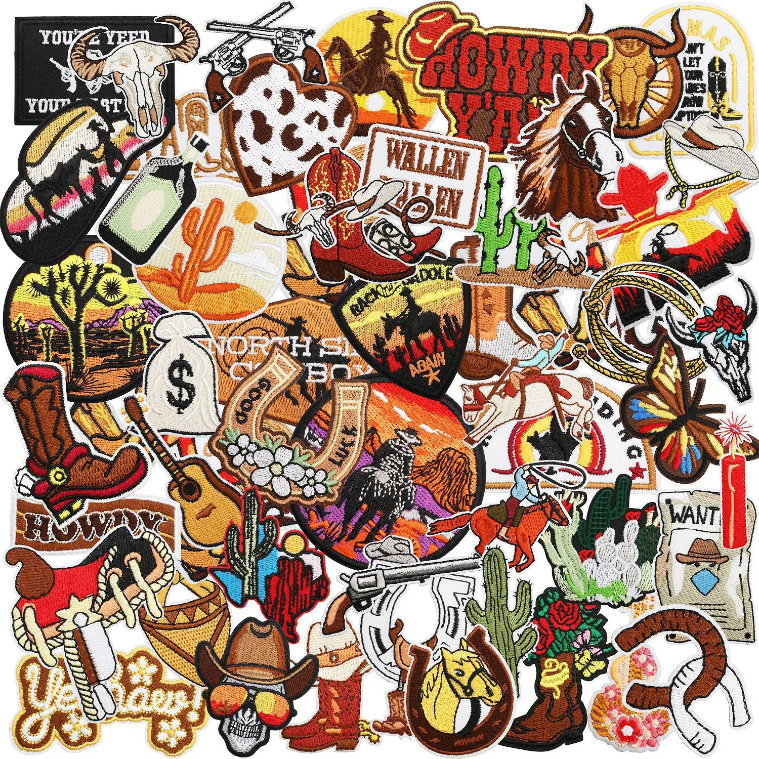Western Cowboy Embroidery Patches Collection Brown Retro Iron On Patches For Clothing Hats Jackets Embroidery Applique Badges DIY Decoration