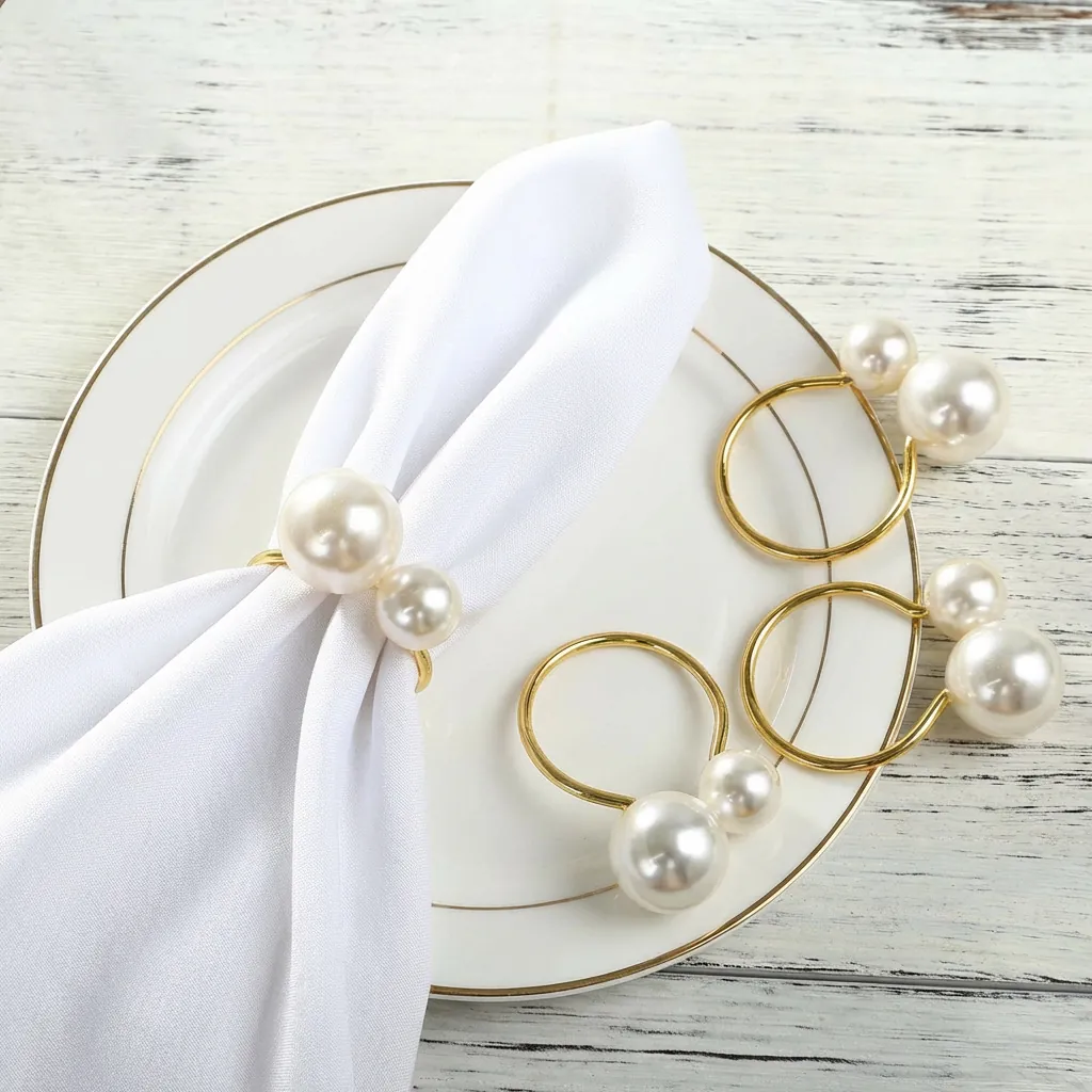 Modern Elegant Iron Napkin Rings With Large Small Artificial Pearl Gold Silver Electroplated Napkin Holder For Wedding Banquet