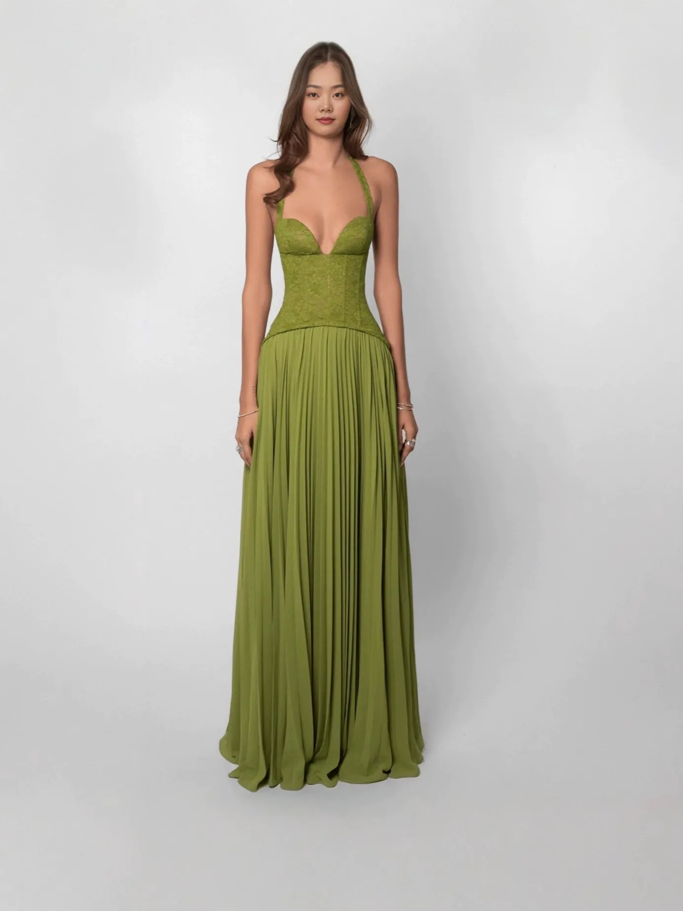 Halter Backless Sexy Maxi Dress Pleated Lace Corset Deep V Neck Long Dress For Women Party Evening Banquet