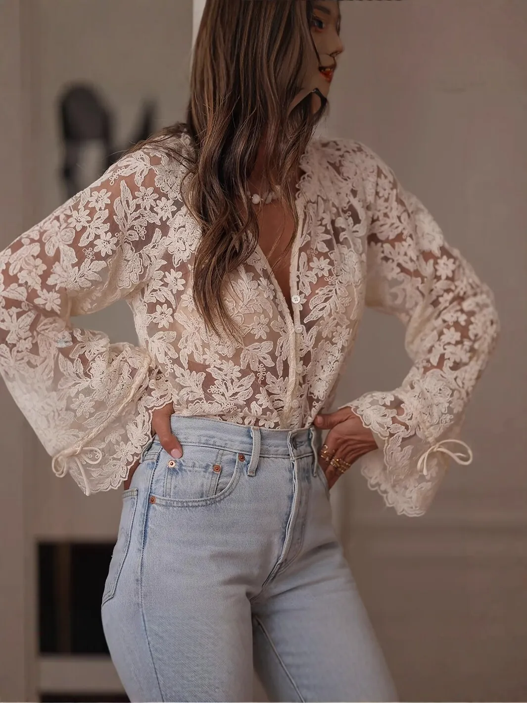 Women's Korean Casual Lace Blouse Hollow Out Floral Long Sleeve Top Flare Sleeve Button V Neck Shirt Loose Elegant Blouse