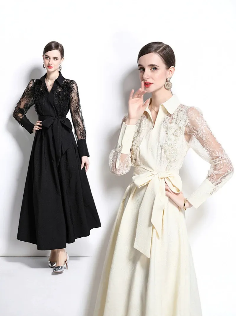 Elegant Polo Neck Mesh Embroidery Textured Maxi Dress Retro Heavy Duty Long Sleeve A-Line Gown With Belt For Women Party