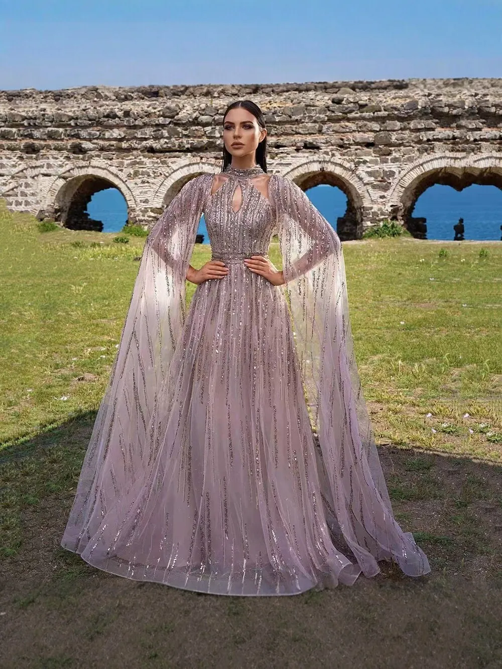 Elegant Sequin Tassel Mesh Evening Gown Long Cape Sleeve Satin High Neck Keyhole Formal Party Dress Women Banquet Maxi Gown