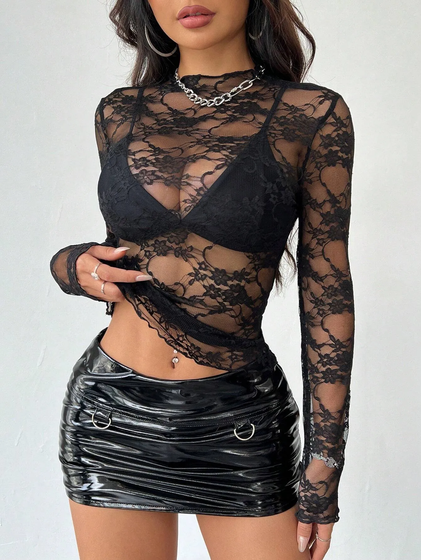 Elegantes Damen Langarmshirt mit Blumenmuster aus Spitze Sexy Stehkragen Rüschensaum Slim Fit Durchsichtiges Mesh Oberteil Frühling