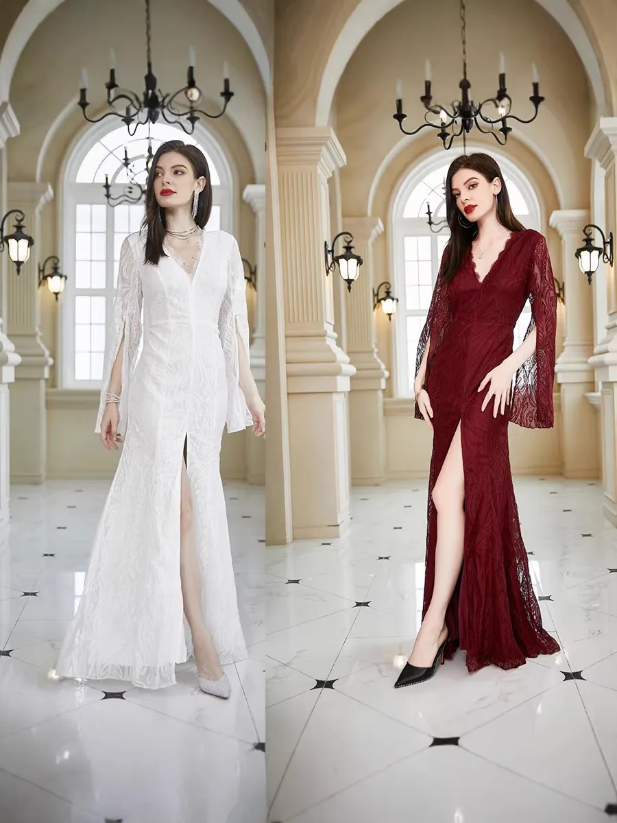 Vestido Largo de Encaje con Cuello en V para Mujer Manga Larga con Abertura Elegante para Boda Formal Dama de Honor Maxi Vestido