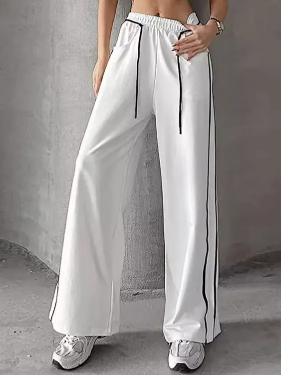 Pantalon de Jogging Taille Haute Large pour Femme Style Américain Rayures Latérales Contrastées Cordon de Serrage