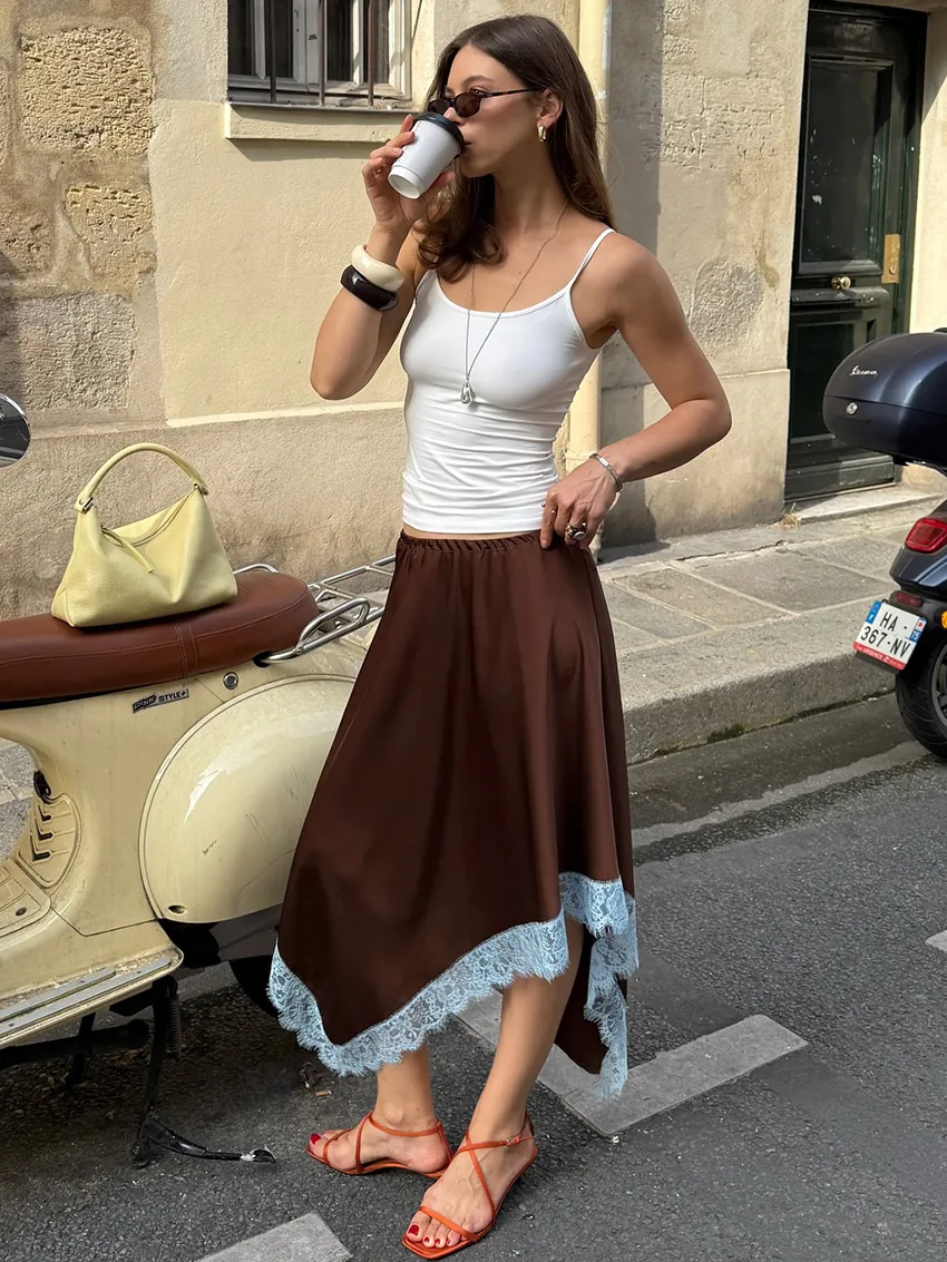 Women Elegant Brown Satin Midi Skirt With Light Blue Lace Trim Asymmetric Hem Patchwork Straight Skirt Fashion Skirt Bottom