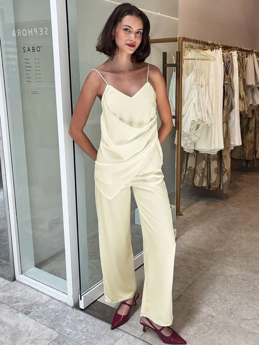 Women Sexy Satin V-Neck Cami Top And High Waist Straight Pants Set Casual Solid Color Sleeveless Top And Bottom Outfit