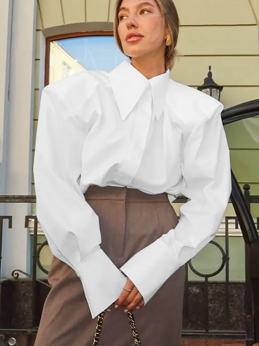 Chemise Blanche à Manches Longues pour Femmes Épaules Rembourrées Poignets Oversize Blouse de Bureau Couleur Unie Top