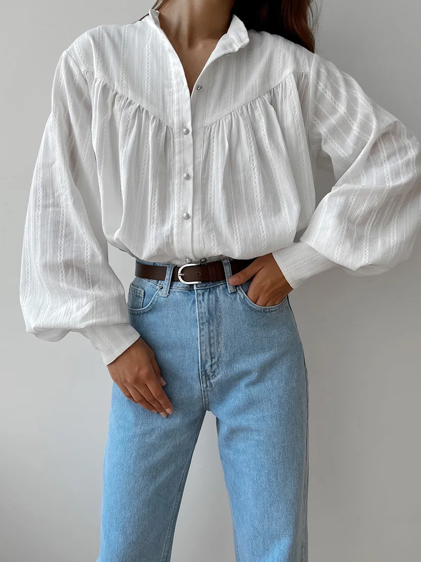 Women French Vintage White Cotton Shirt Elegant Puff Sleeve Jacquard Button Up Blouse Minimalist Casual Top For Office Commute