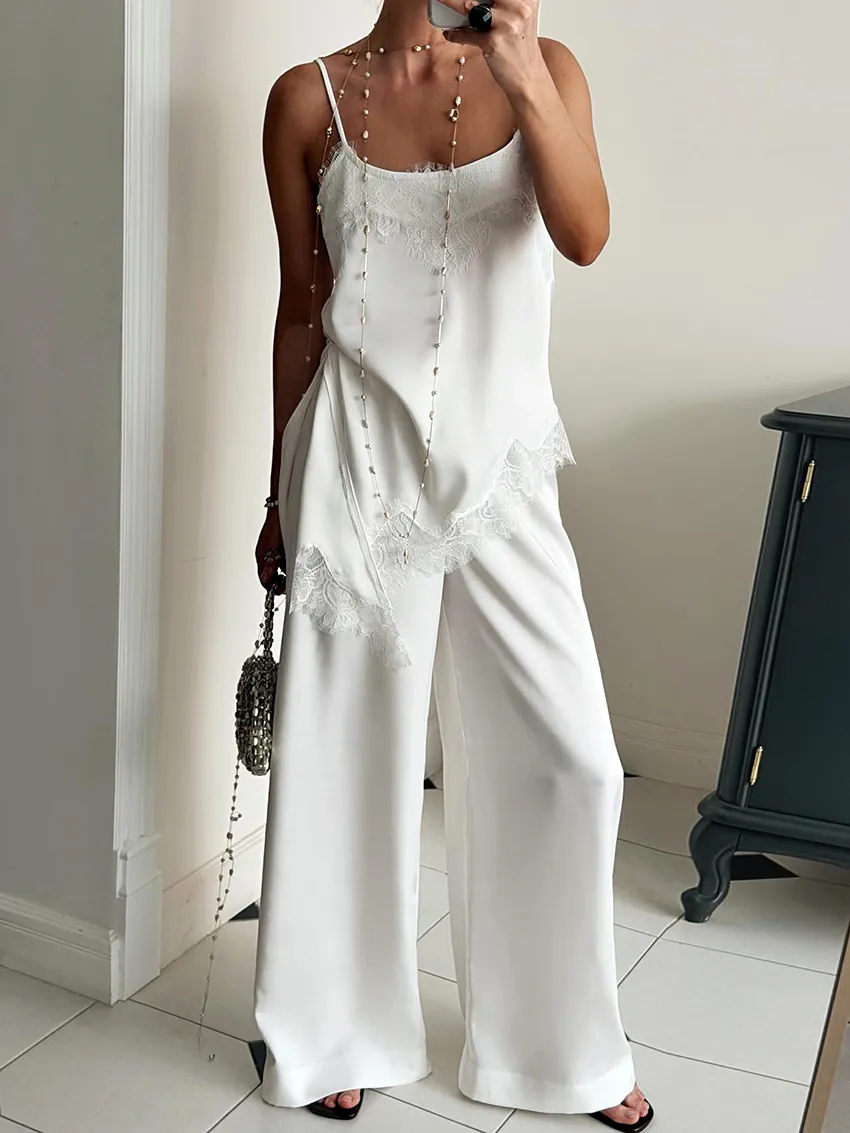 Women Satin Lace Trim Pants Set V Neck Sleeveless Cami Top And High Waist Straight Leg Trousers Two Piece Lounge Outfit
