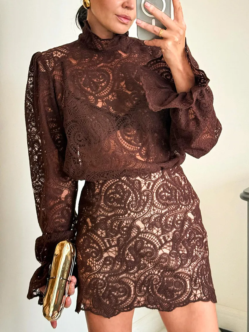 Women European Style Elegant Lace Two-Piece Top And Bottom Set High Neck Long Sleeve Shirt And A-Line Mini Skirt Outfit