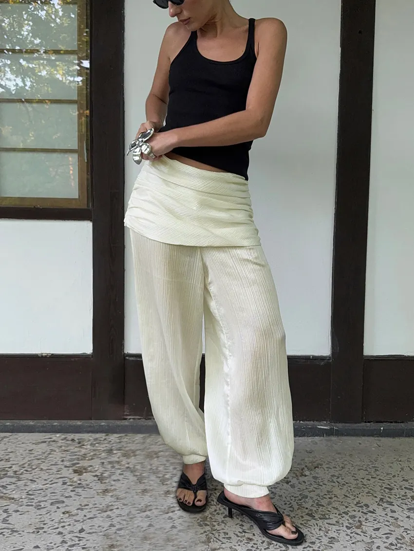 Dames Losse Geplooide Lantaarn Broek Casual Hoge Taille Elastische Bottom Mode Elegant Woon-werkverkeer Harem Broek Effen Kleur