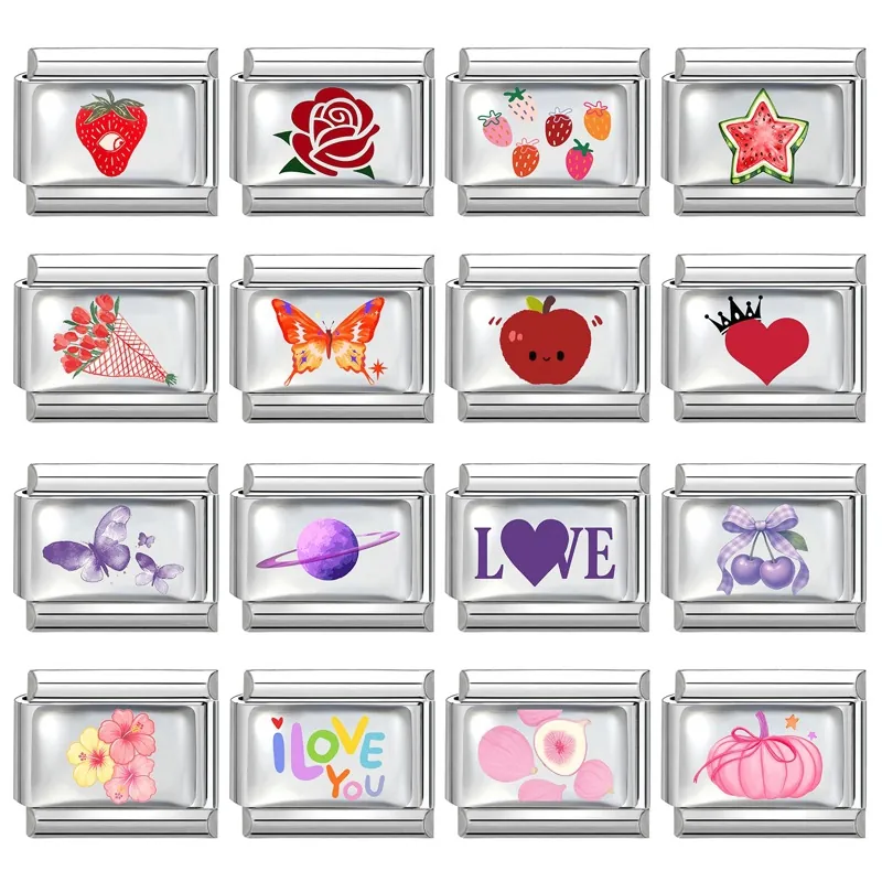 Eslabones de Charme Modulares DIY Italianos de Acero Inoxidable Fruta Corazón Mariposa Cuentas de Esmalte para Fabricación de Pulseras Accesorios Joyería Mujer