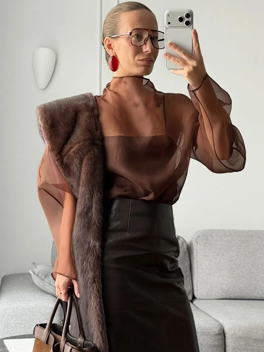 Blusa Sexy de Malla Transparente de Manga Larga para Mujer Top Transparente con Cuello Redondo Patchwork Camisa Elegante