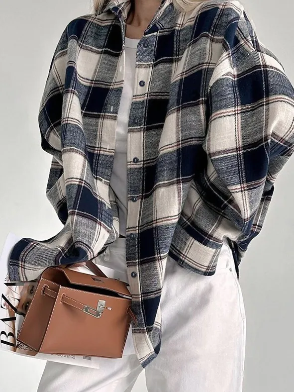 Dames Casual Geruit Lange Mouw Overhemd Jas Oversized Flanel Katoen Knoop Sluiting Blouse Top Ruit Patroon Voor Herfst Winter