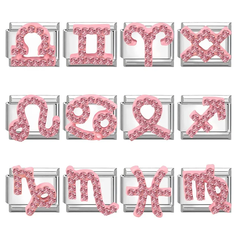 Modulo di Collegamento per Bracciale con Ciondoli DIY in Acciaio Inossidabile Stile Italiano con Segni Zodiacali in Strass Rosa