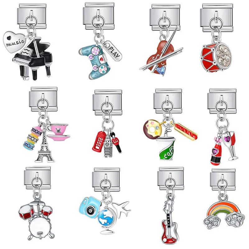 Stainless Steel Rhinestone Italian Link Charm Musical Instrument Pendant For DIY Bracelet Enameled Modular Jewelry Accessory
